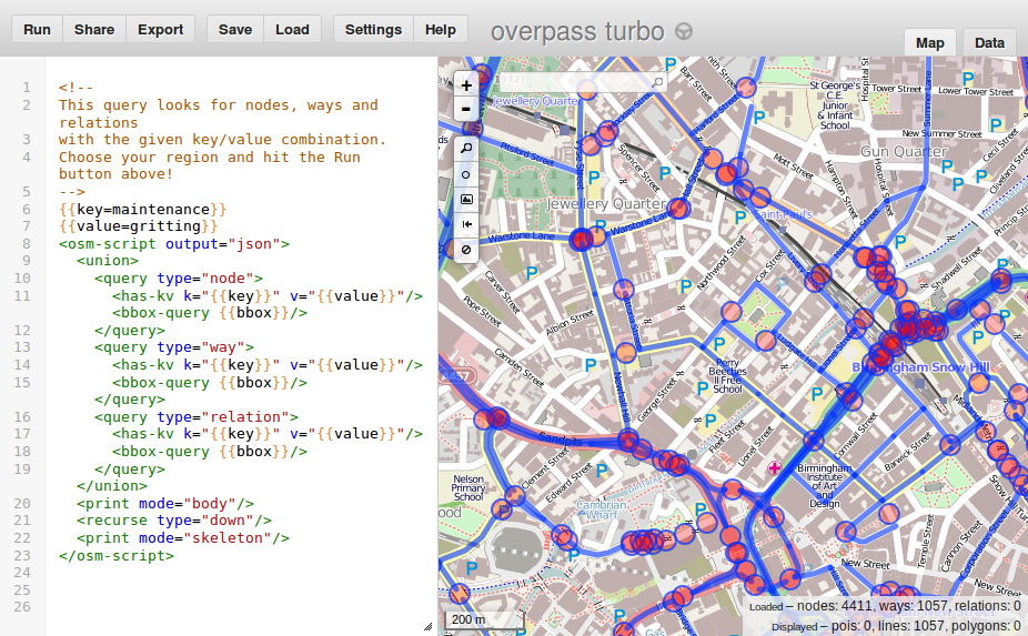 Screenshot of Overpass Turbo.