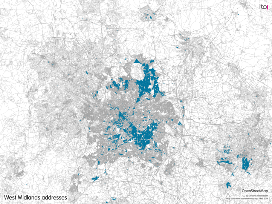 Map of areas in the West Midlands where we have good and not so good address coverage.
